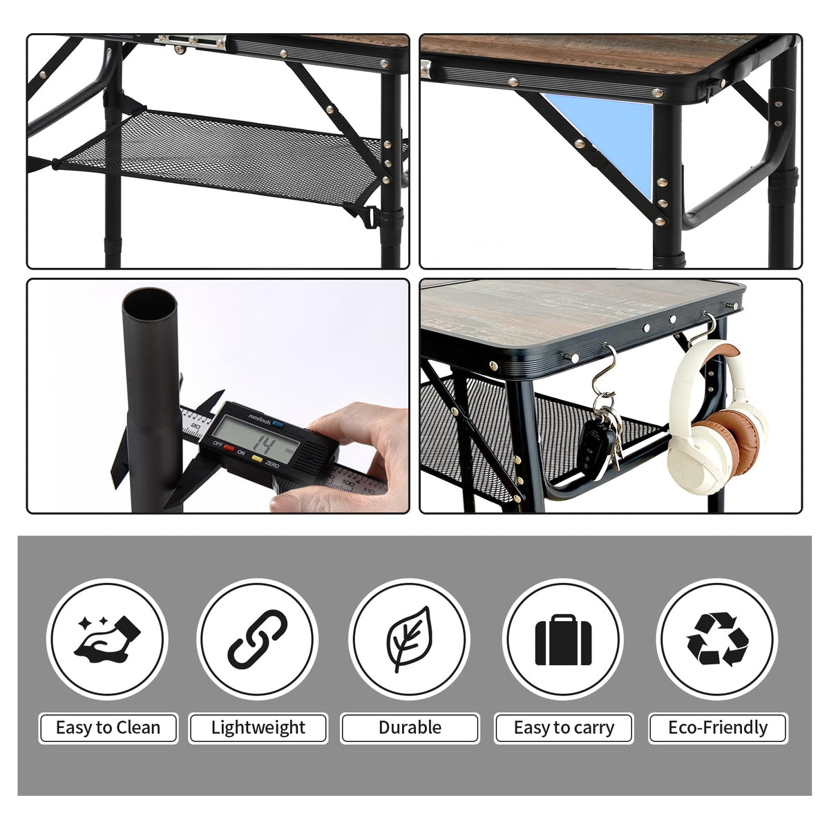 Kcmploro table featuring mesh storage and S hooks for organization