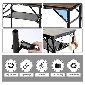 Kcmploro table featuring mesh storage and S hooks for organization