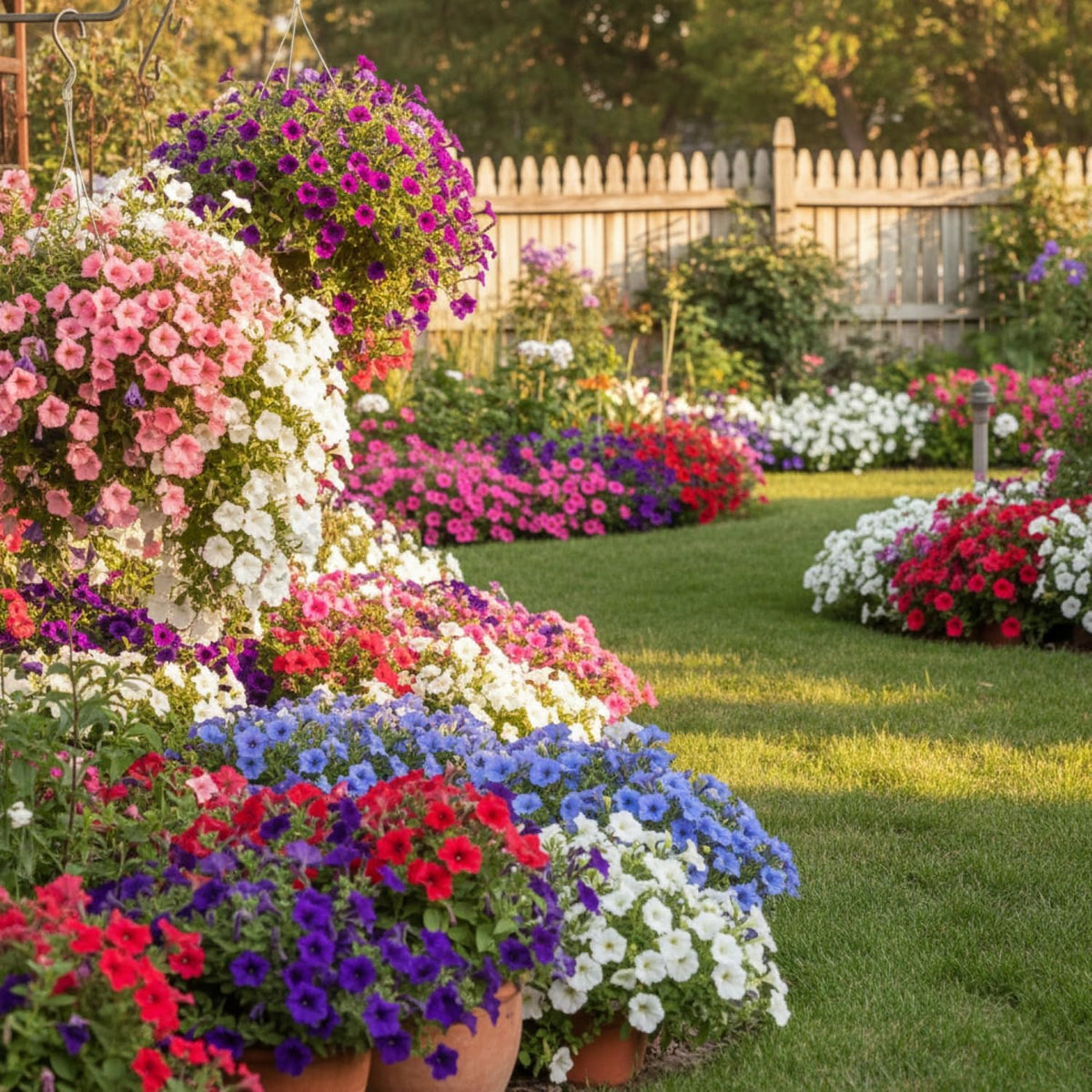 KCT GARD petunia seeds thriving in a garden bed for vibrant color displays.