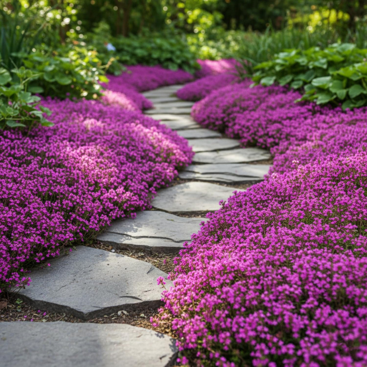 KCT GARDEN creeping thyme ground cover spreading mat along border edges.