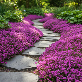 KCT GARDEN creeping thyme ground cover spreading mat along border edges.