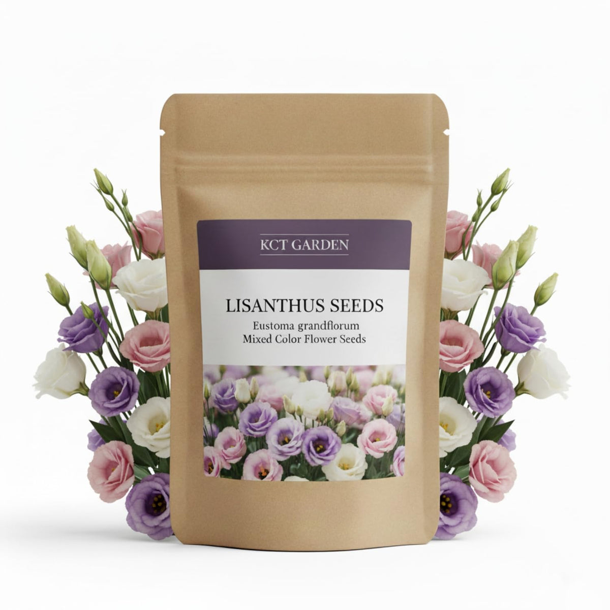 KCT Garden Lisianthus seeds seed packet showing mixed colors for borders.
