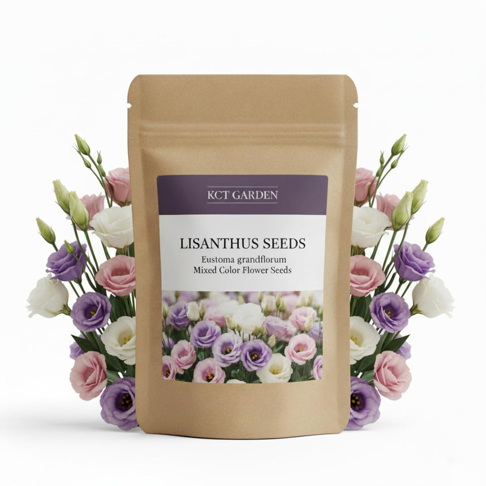 KCT Garden Lisianthus seeds seed packet showing mixed colors for borders.
