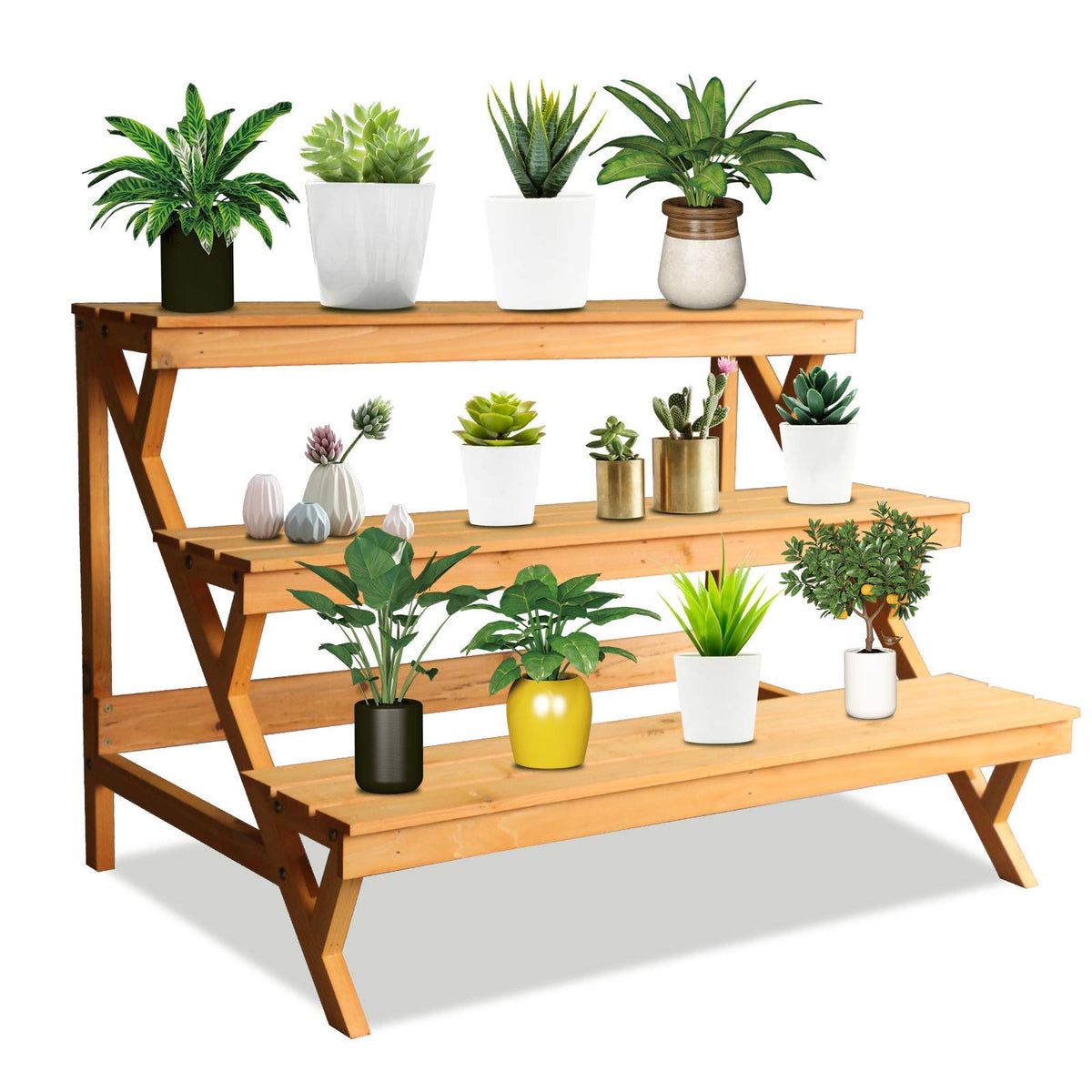 Kdgarden 3-tier wood plant stand indoors and outdoors offering versatile display space for plants.
