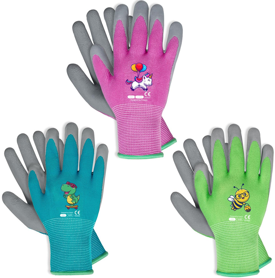 KDK Ages 3-5 kids gardening gloves three-pack in green blue pink for light tasks