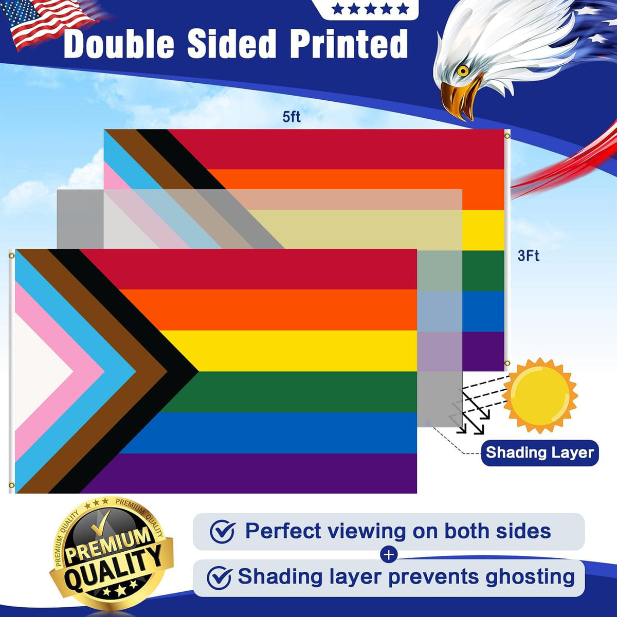 Keblo Progress Pride flag double-sided reads from any angle
