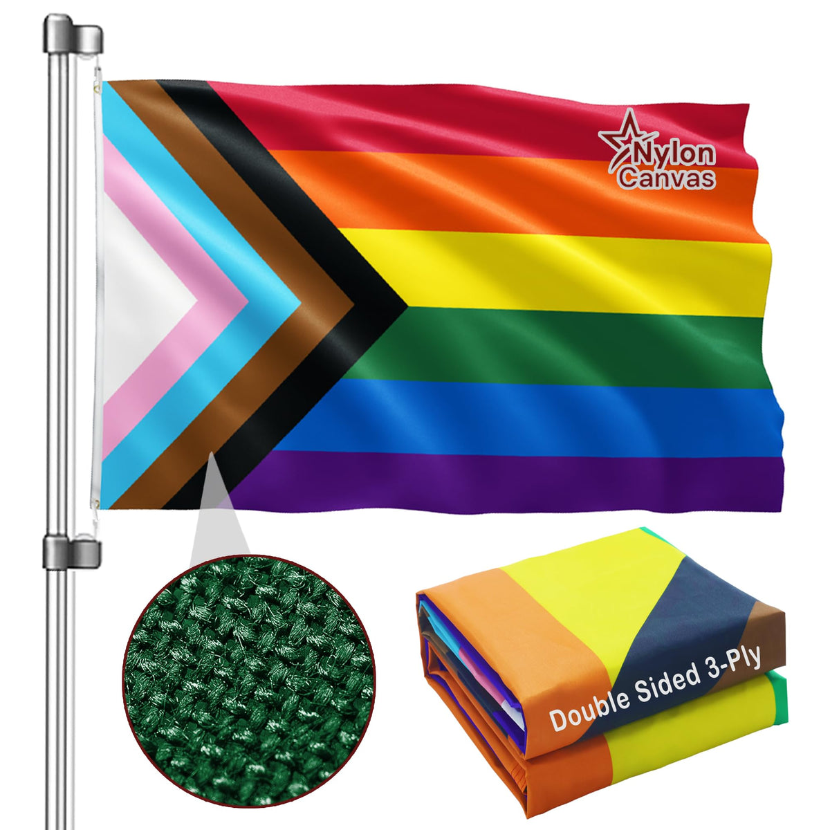 Keblo Progress Pride flag front view with vivid colors for outdoor display