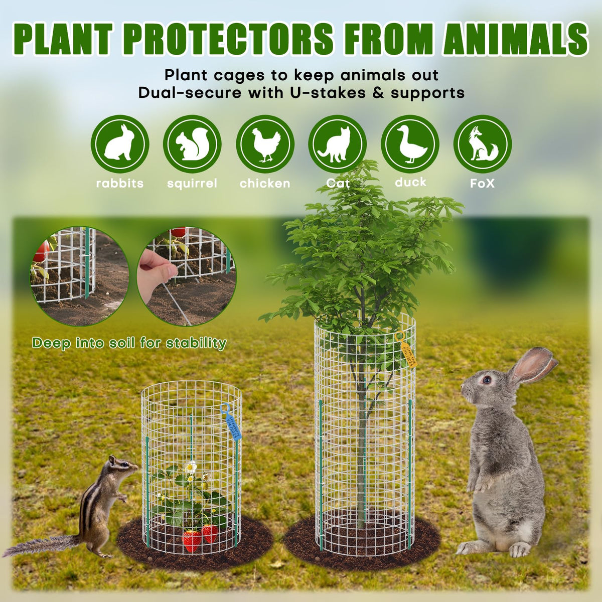 Kecaopdt U-stake system reinforces a garden cage against wind.