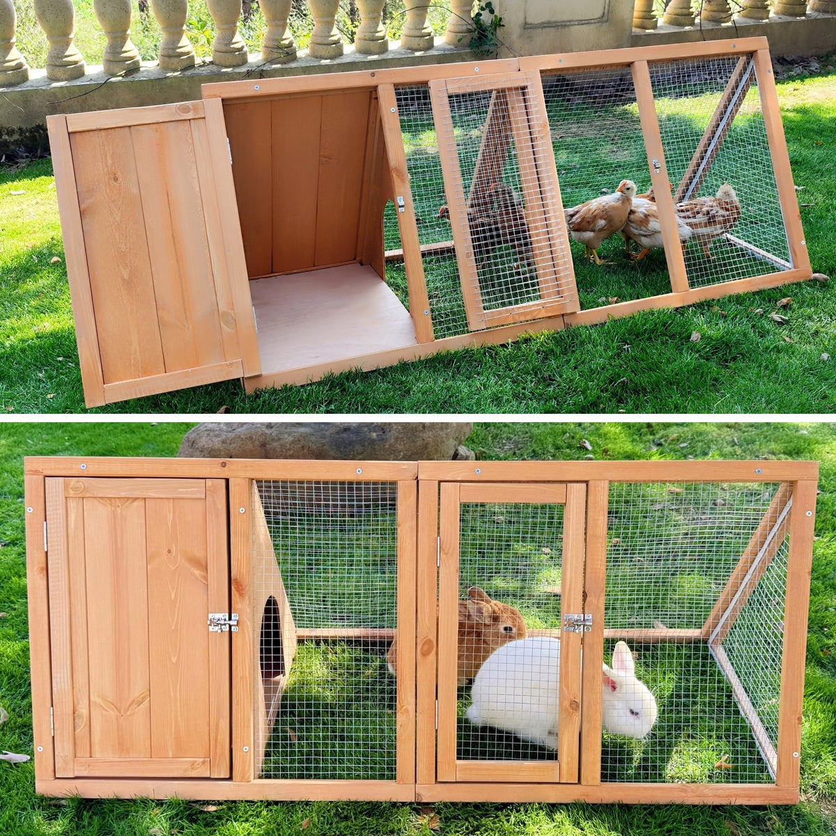 Kecreque rabbit hutch with ventilated wire fence offers fresh air and predator protection.