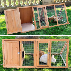 Kecreque rabbit hutch with ventilated wire fence offers fresh air and predator protection.