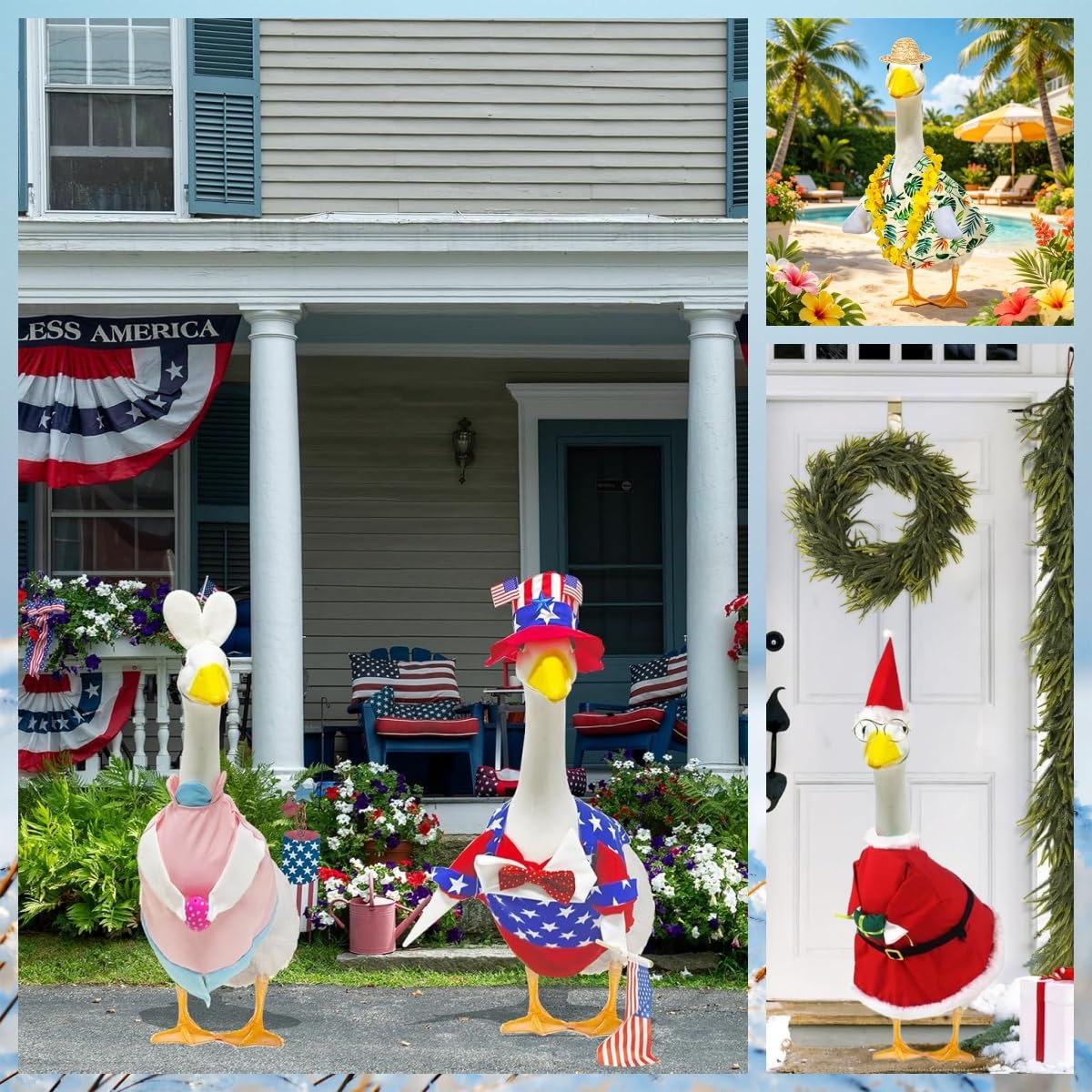 Kedaijin Fourth of July goose outfit enhances patriotic porch.