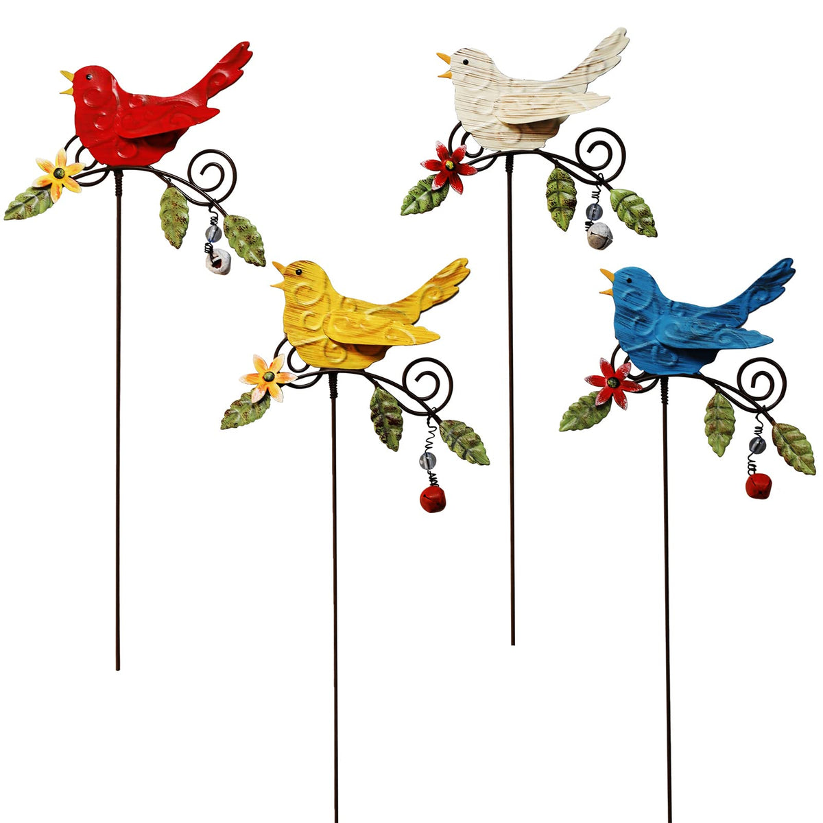 KEDONCHEN four-pack bird garden stakes with nodding flowers for lively outdoor decor.