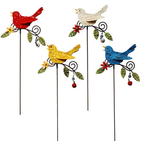 KEDONCHEN four-pack bird garden stakes with nodding flowers for lively outdoor decor.