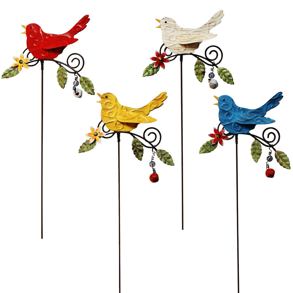 KEDONCHEN four-pack bird garden stakes with nodding flowers for lively outdoor decor.