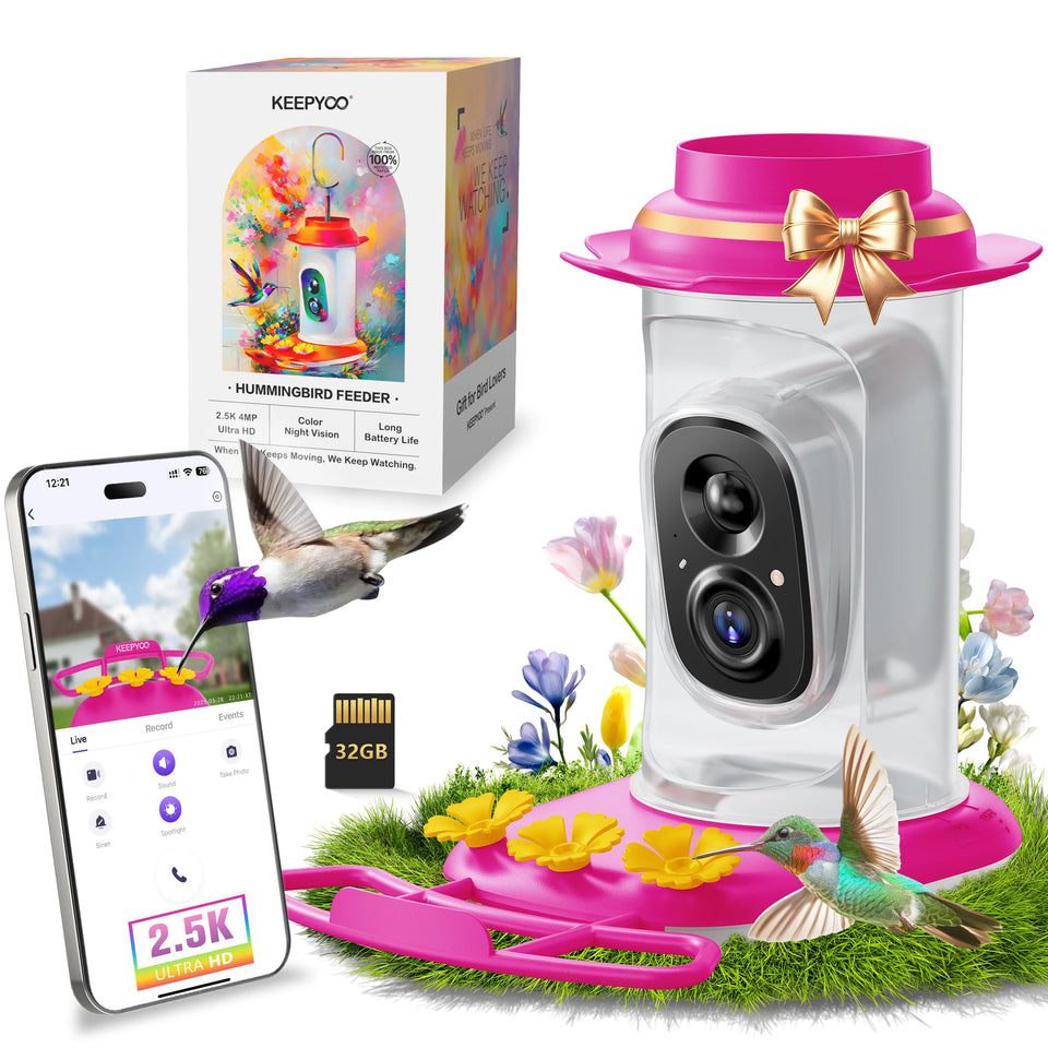 KEEPYOO 2.5K hummingbird feeder camera, front pink view, draws colorful visitors to your yard.