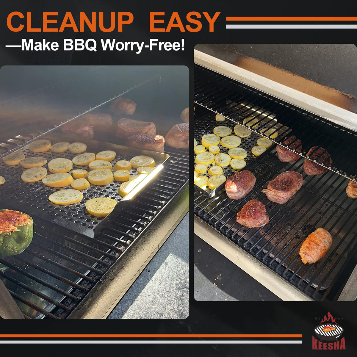 KEESHA heat‑resistant aluminum protects the grill from drips