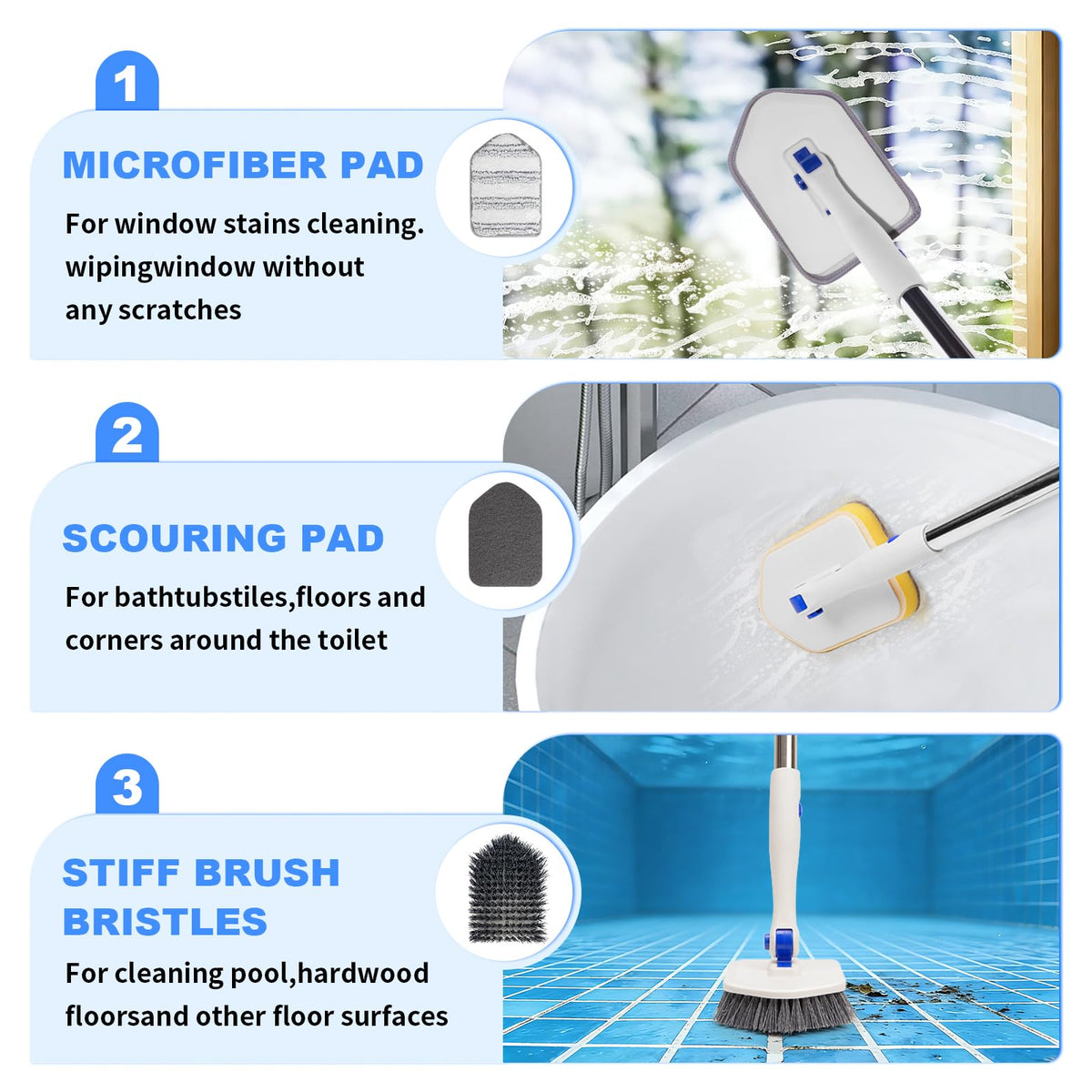 Keleekelin pool brush in use on pool floor and glass surfaces for effective cleaning