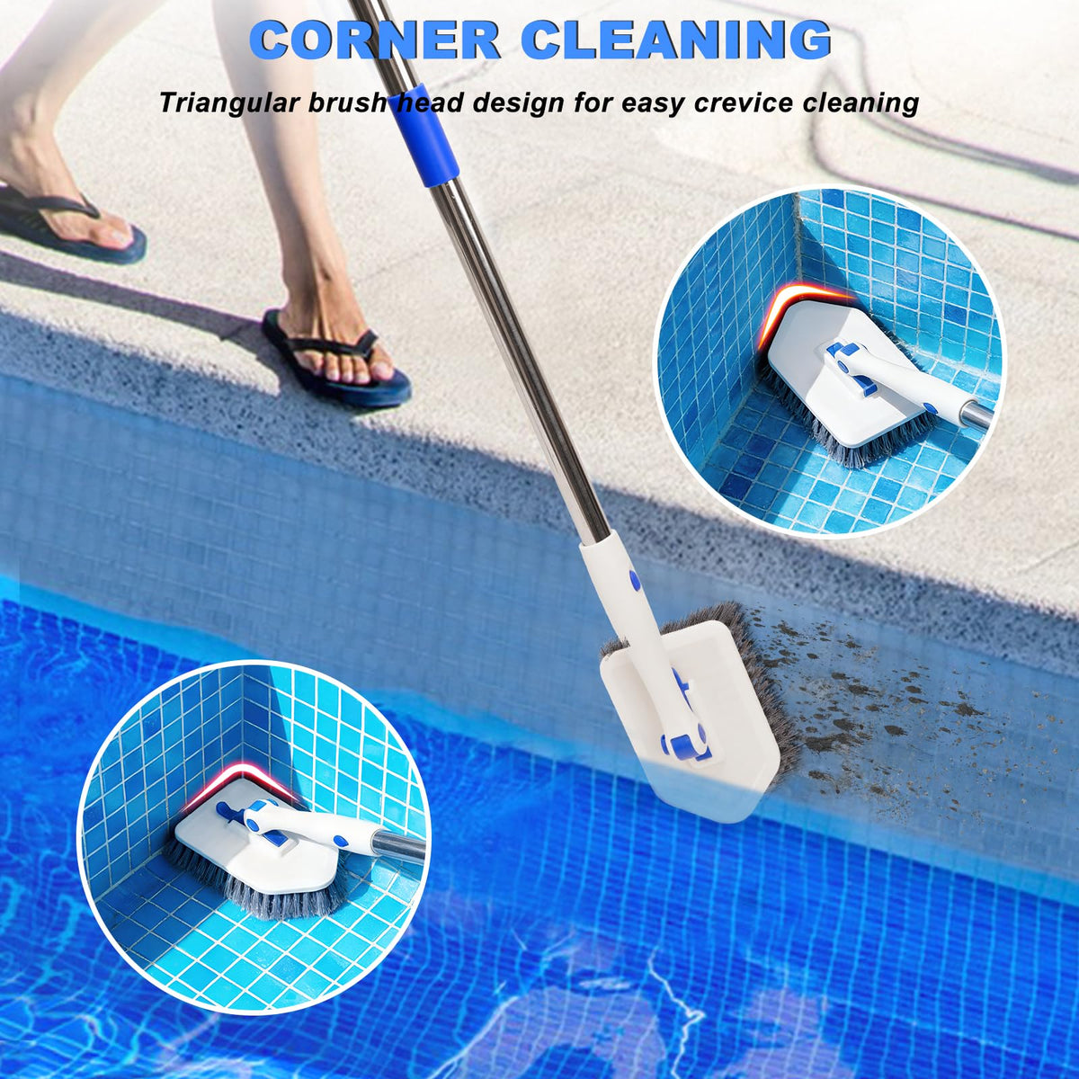 Keleekelin three-in-one head provides hard bristles, sponge, and microfiber for versatile cleaning