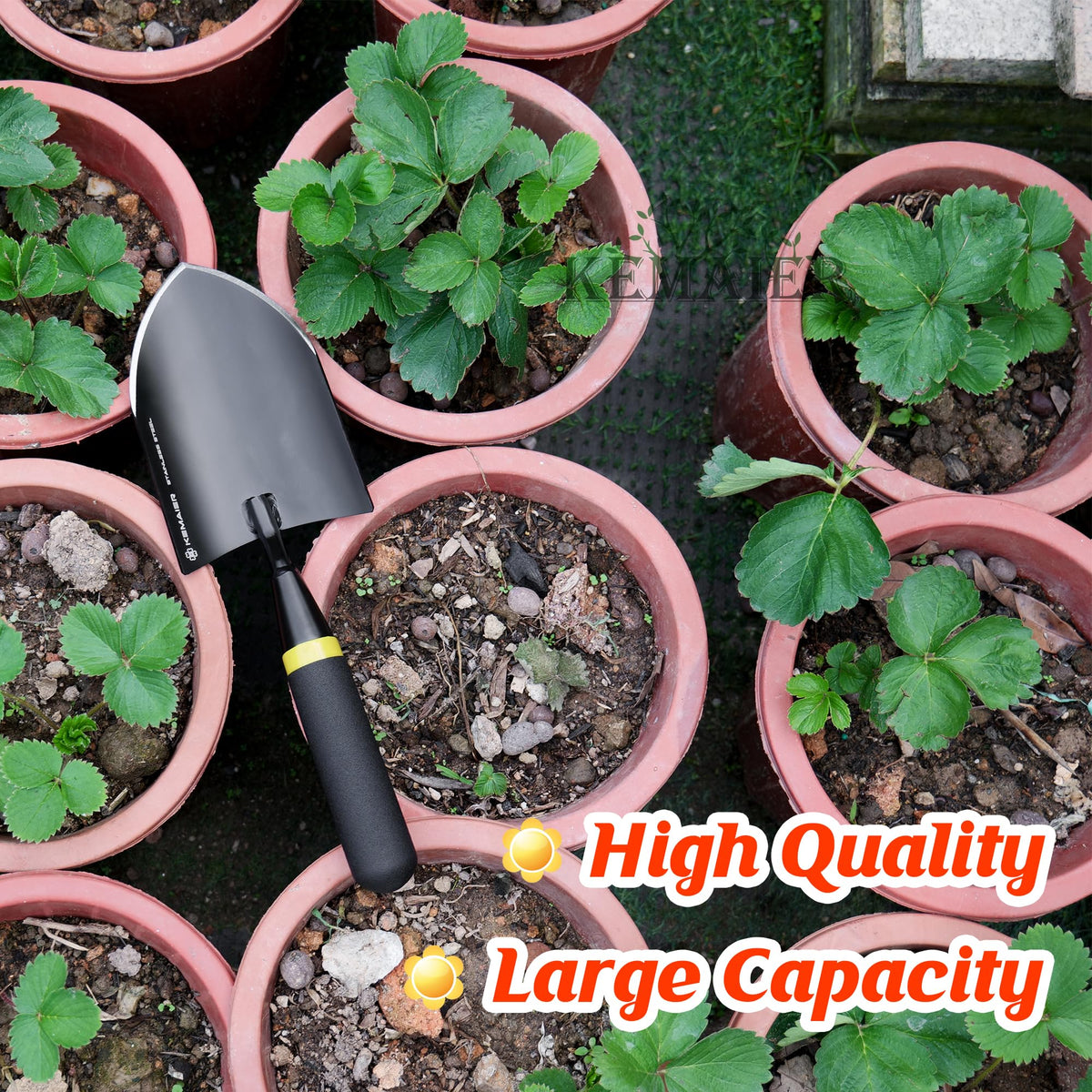 Kemaier garden trowel in use for digging and weeding.