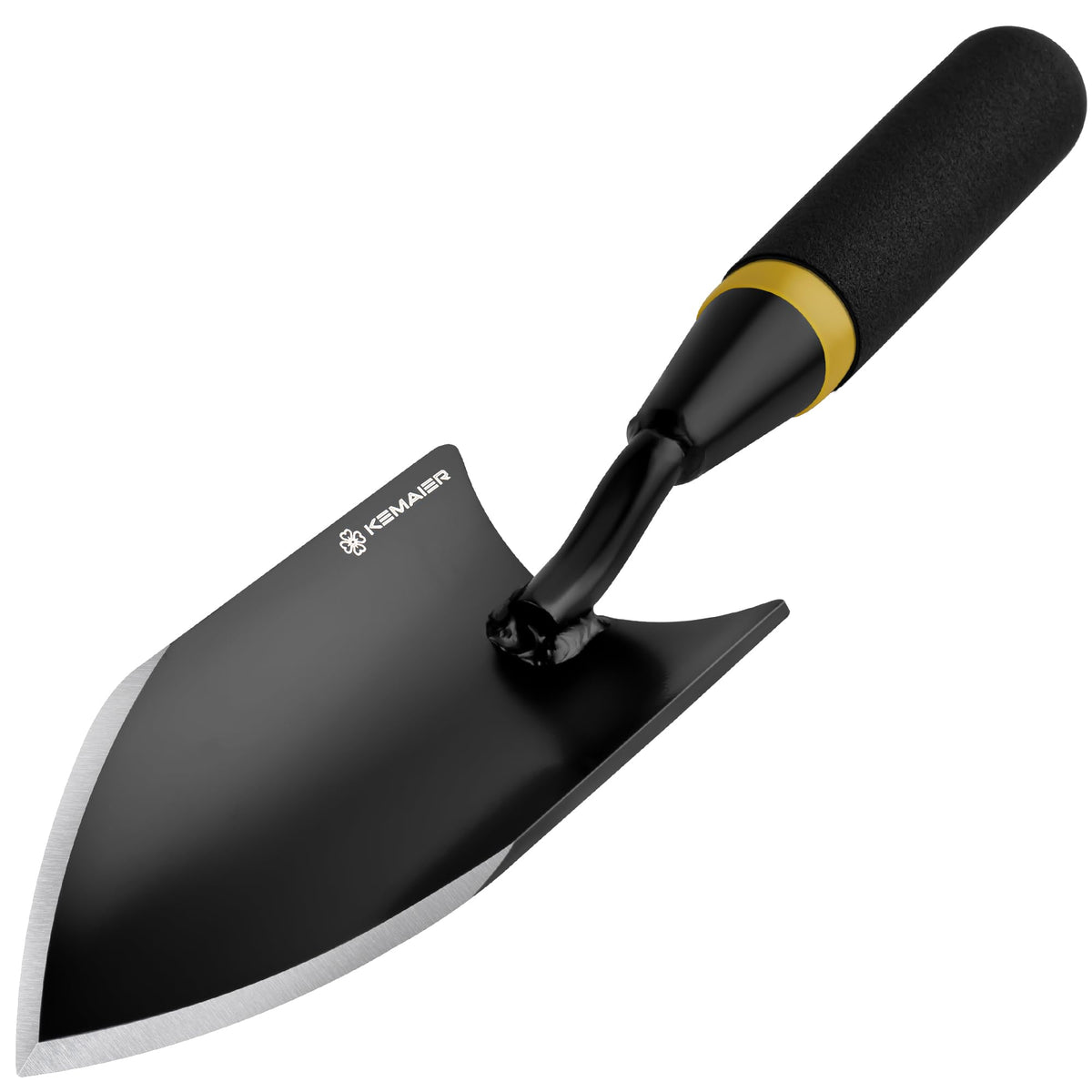 Kemaier heavy-duty garden trowel, angled view, ideal for tough soil and rocky yards.