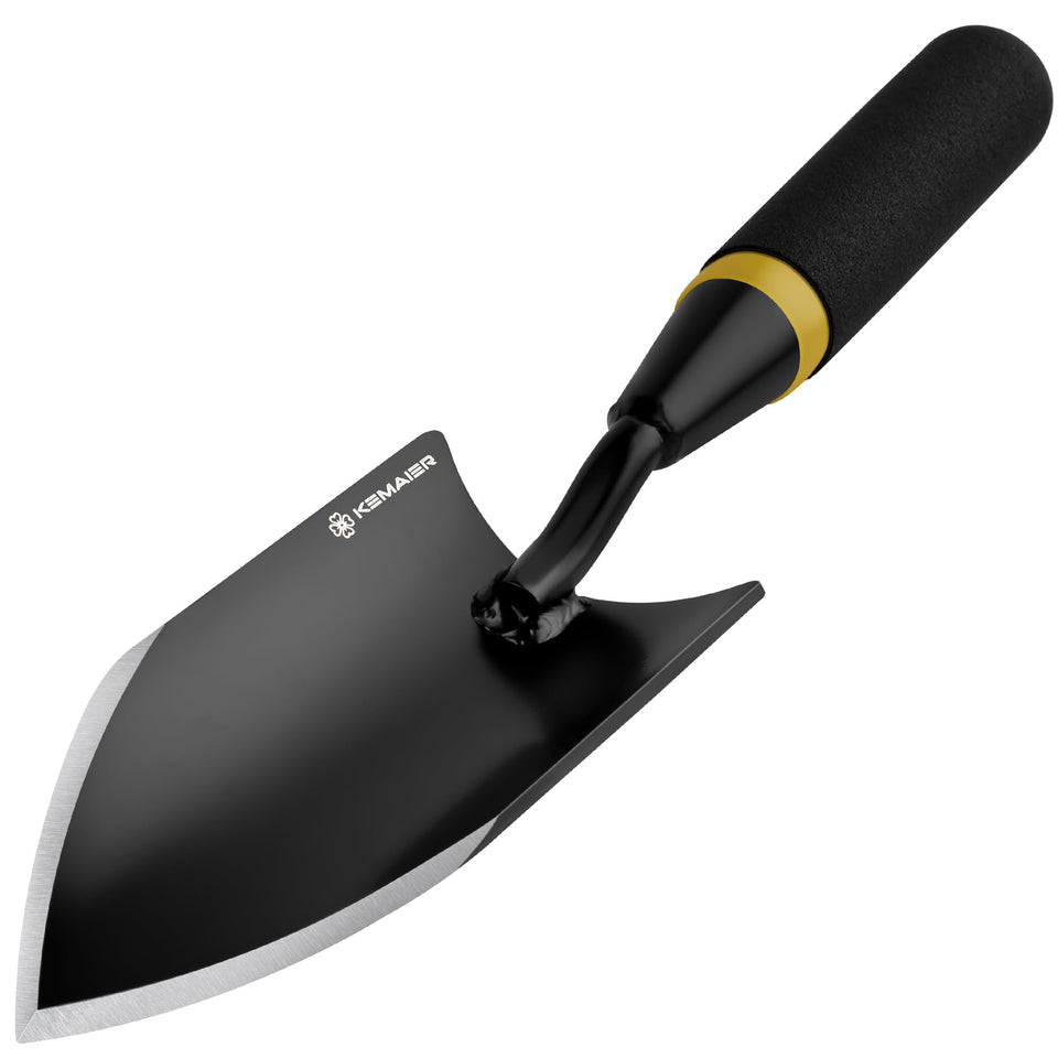 Kemaier heavy-duty garden trowel, angled view, ideal for tough soil and rocky yards.