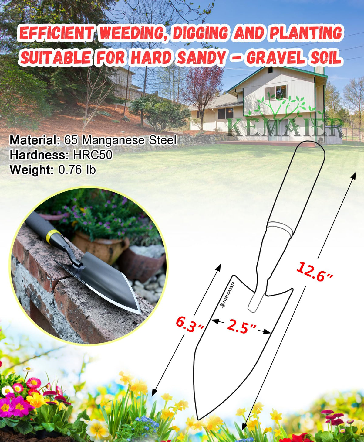 Kemaier carbon steel trowel close-up blade for sturdy digging and transplanting.