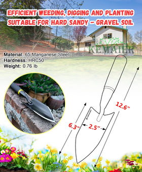 Kemaier carbon steel trowel close-up blade for sturdy digging and transplanting.