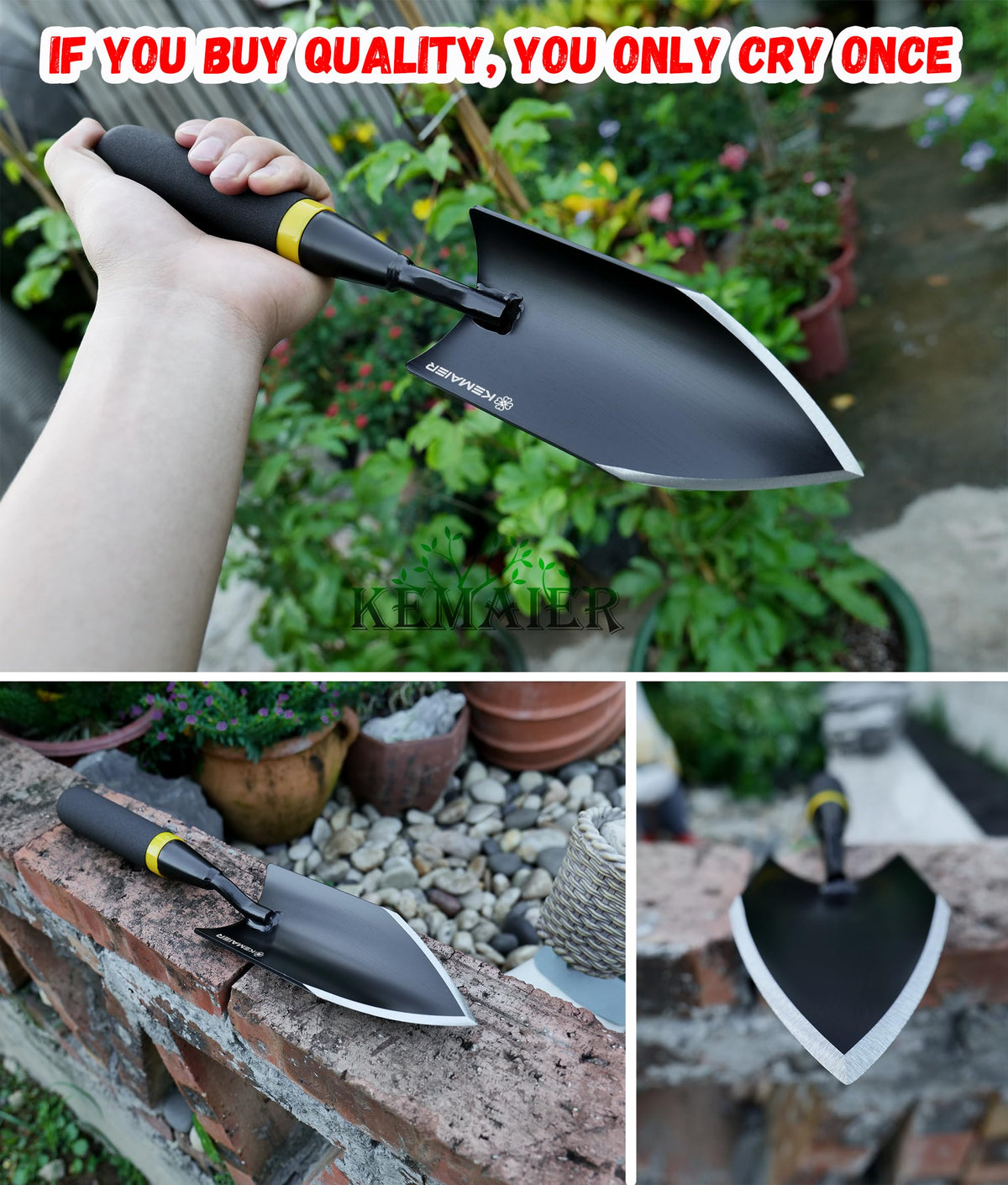 Kemaier garden trowel in soil demonstrates digging and transplanting versatility.
