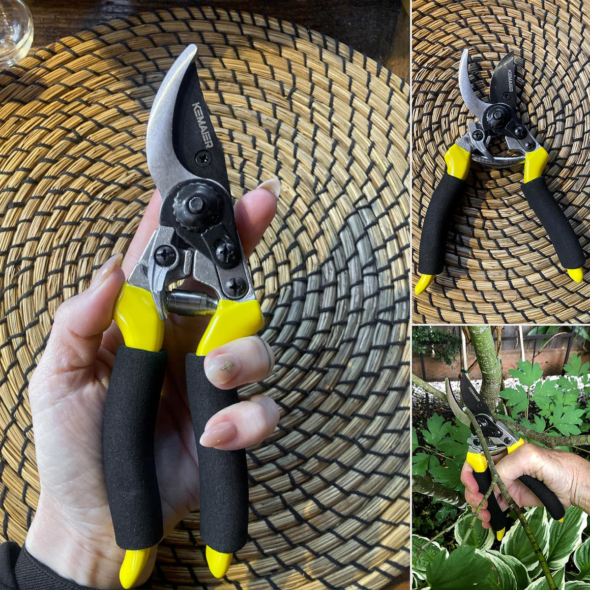 Kemaier pruning shears shown with belt holster and blade cover for safe transport.