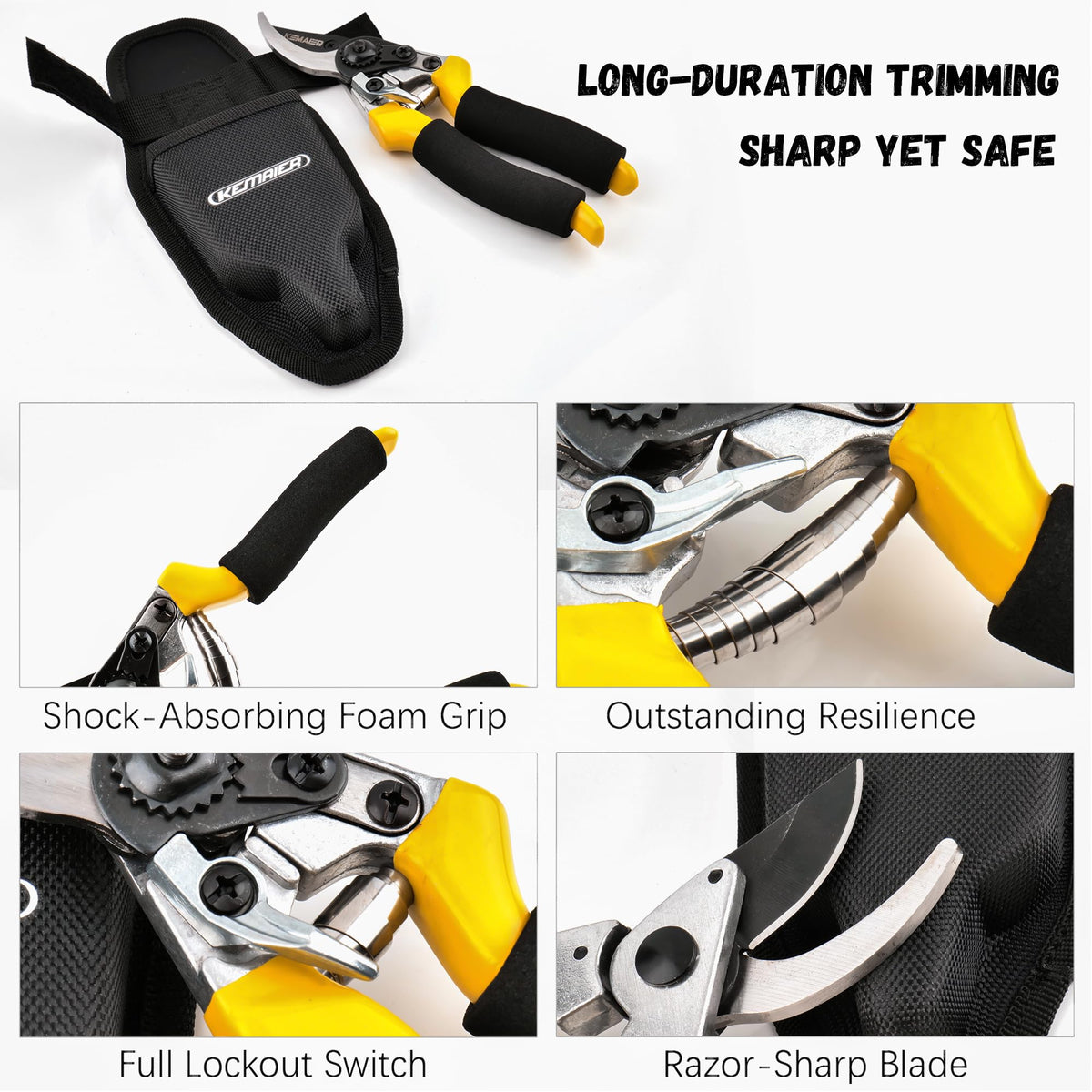 Kemaier pruning shears ergonomic non-slip handles with cushioning for comfort.