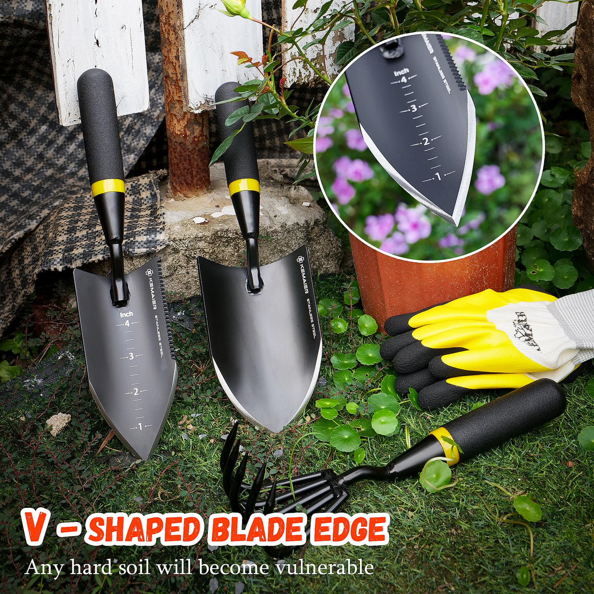 Kemaier transplanting tool with serrated edge eases root cutting and lifting.