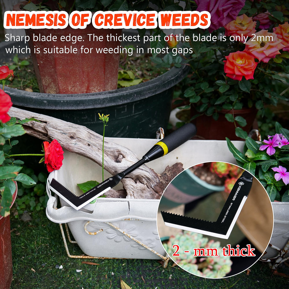 Kemaier tool used on sidewalk pavement for precise weed removal