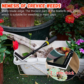 Kemaier tool used on sidewalk pavement for precise weed removal