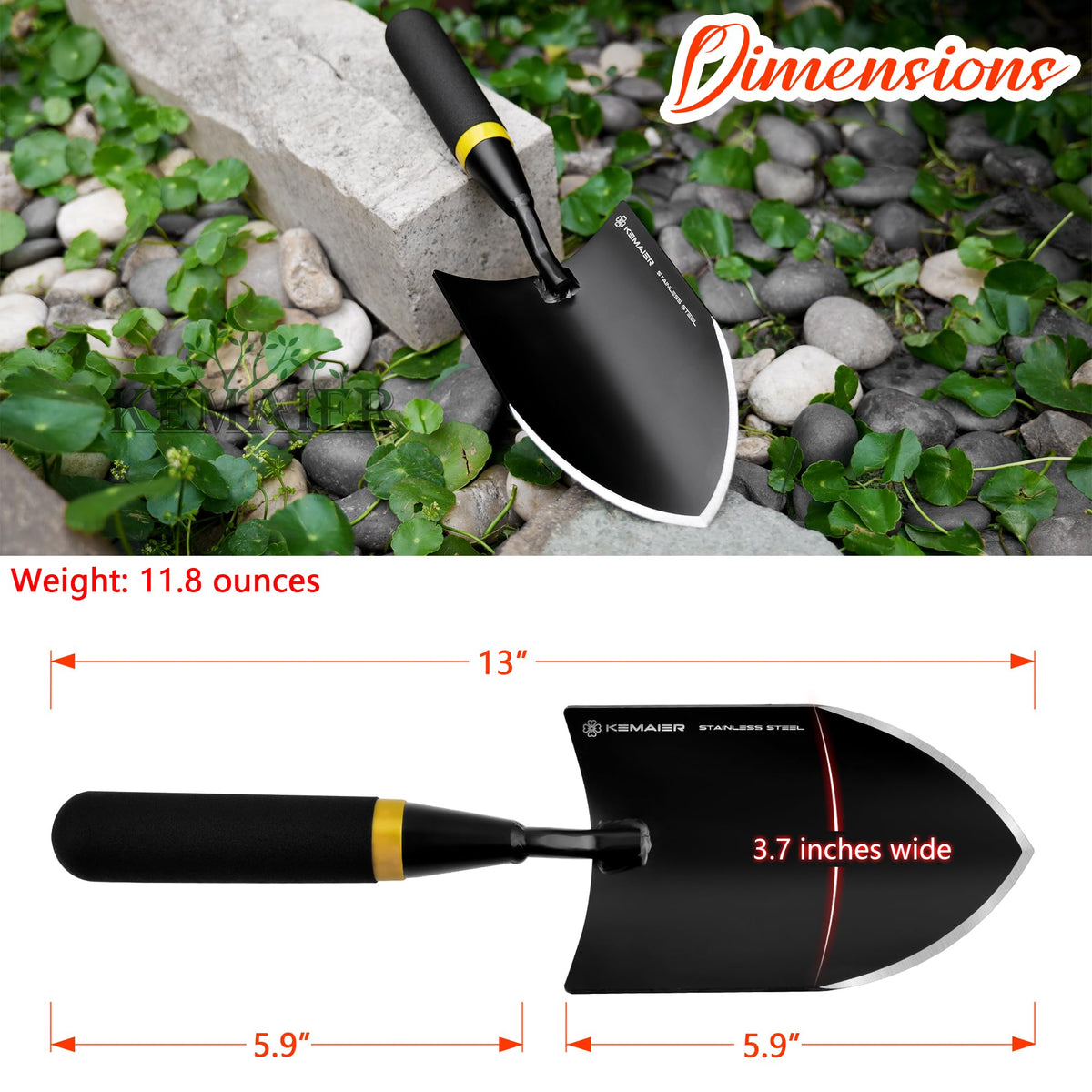Kemaier widened 9.5 cm blade supports larger soil scooping.