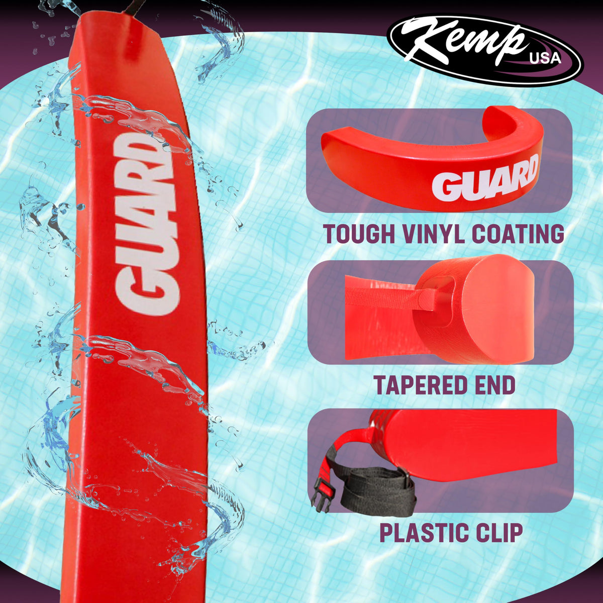 Kemp USA red rescue tube with protective rubber shell for longevity in sun and water.