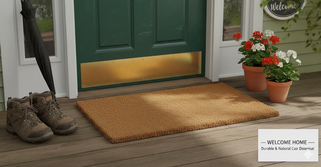 Kempf coir doormat on porch emphasizes weather-friendly, breathable design.