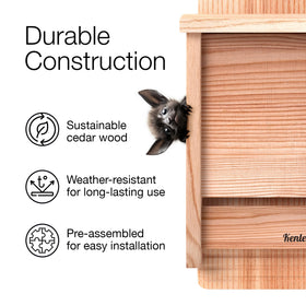 Kenley bat house weatherproof cedar protects interior from rain and snow.