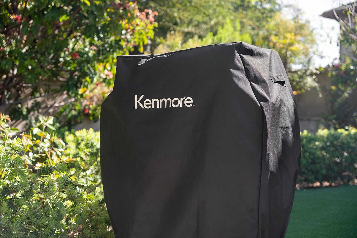 Kenmore 33-inch grill cover uses fade-resistant material to maintain color in sun.
