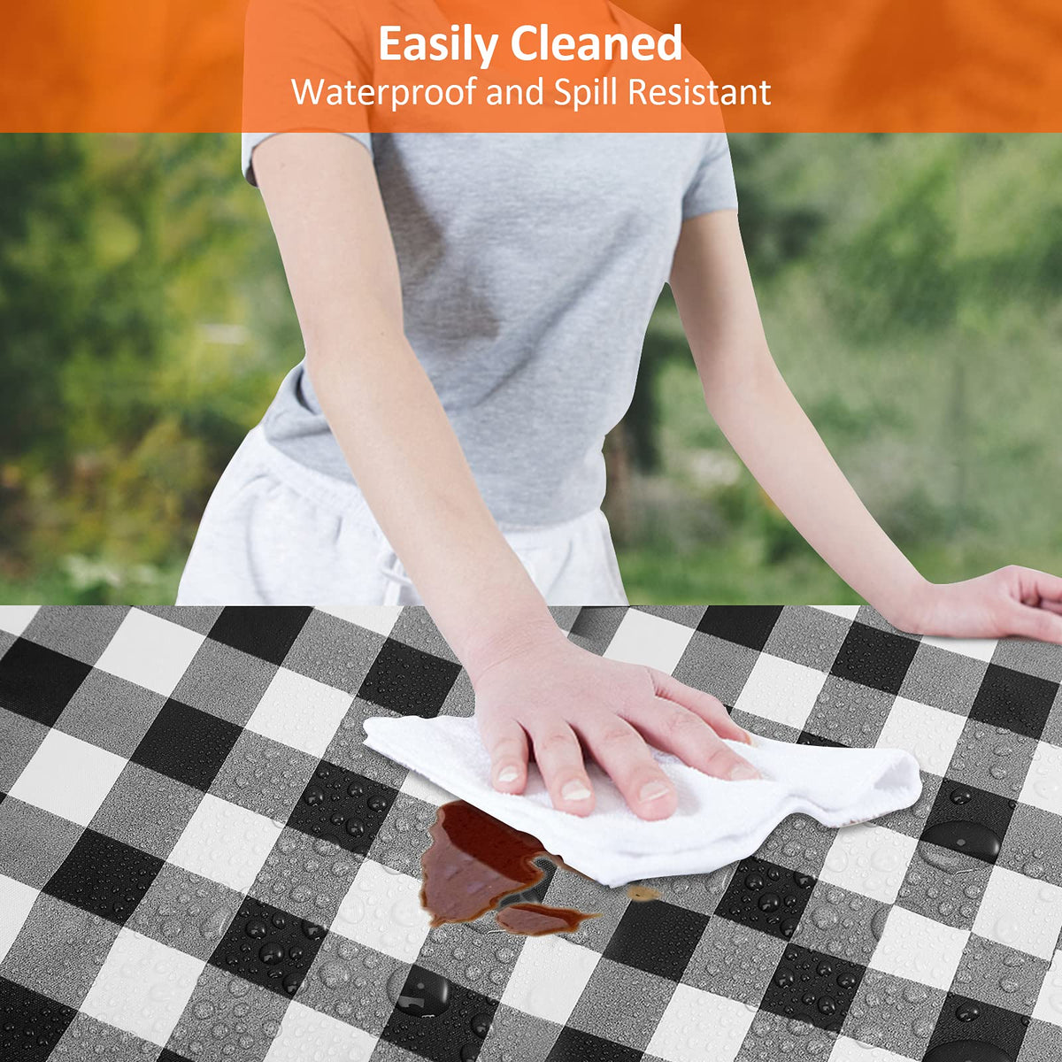 KENOBEE buffalo-check tablecloth adds bright, durable vinyl protection.