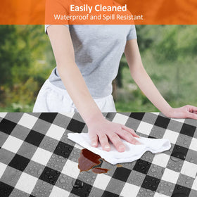 KENOBEE buffalo-check tablecloth adds bright, durable vinyl protection.