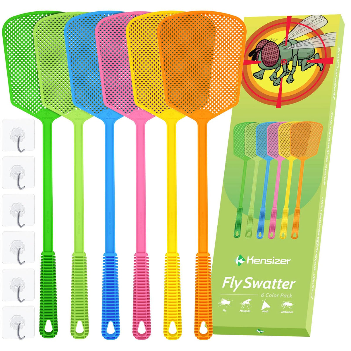 Kensizer 6-pack fly swatters with long handle for quick indoor and outdoor swats.