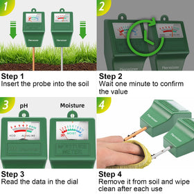 Kensizer soil tester displays moisture guidance within 4-7 range for pH context.