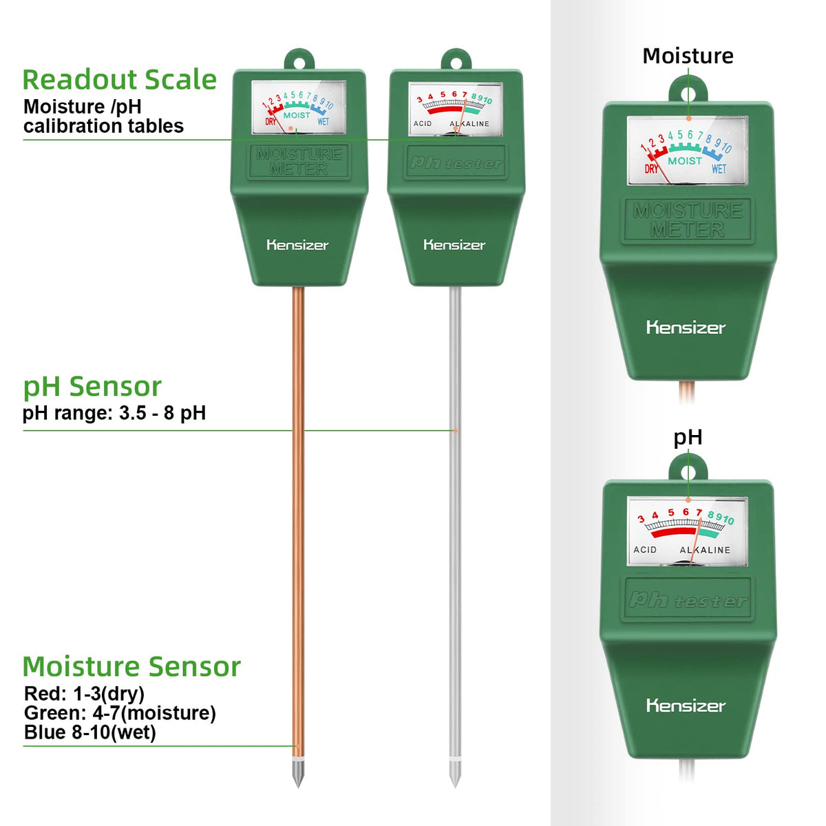 Kensizer soil tester shown with no-battery operation for easy testing anywhere.