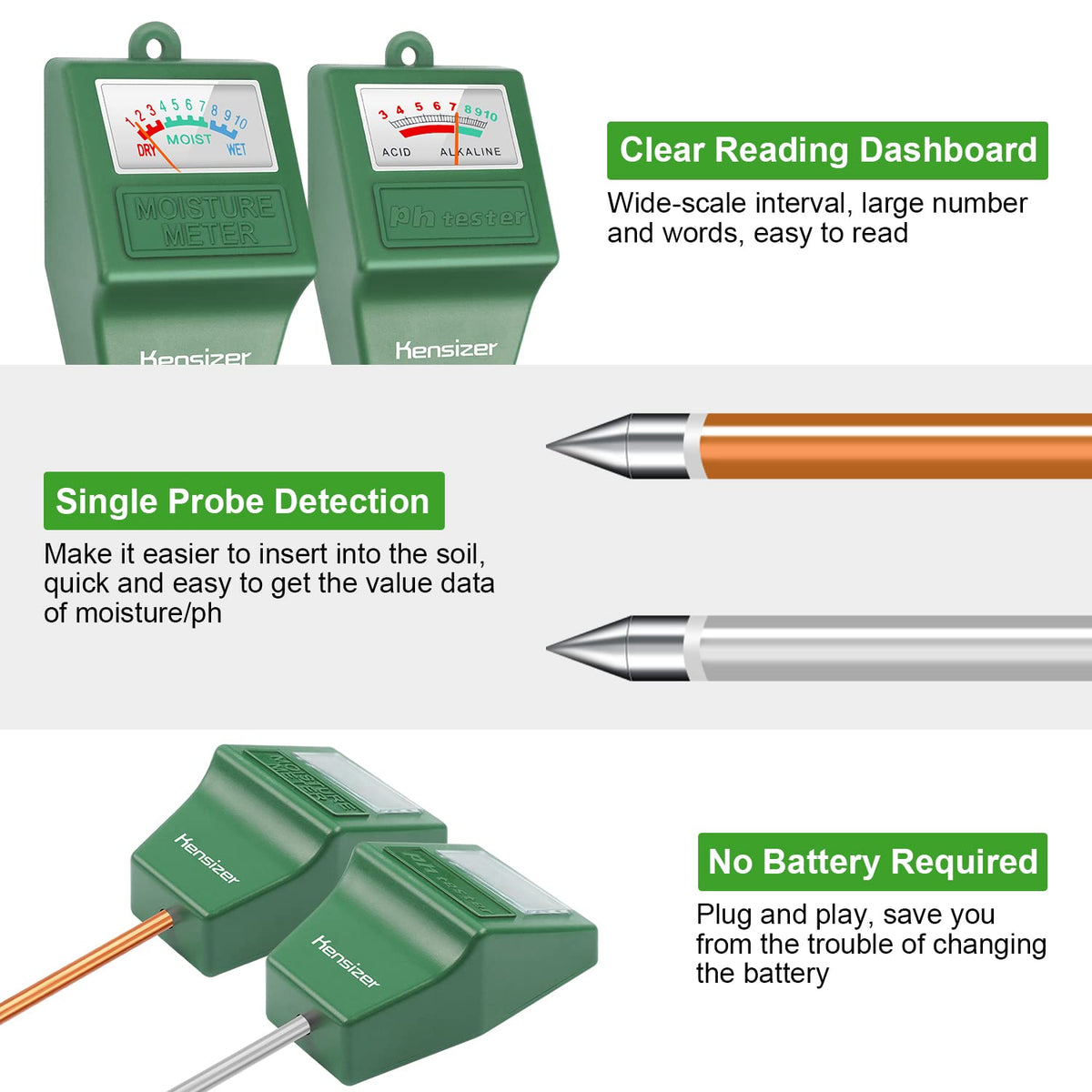 Kensizer soil tester single-probe detection facilitates easy soil insertion.