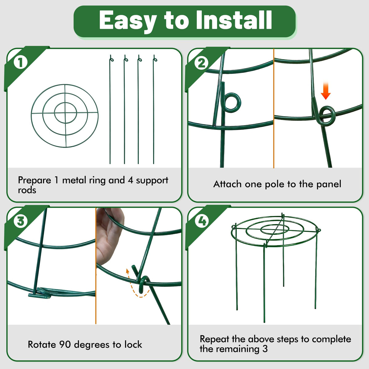 KEOHOLI installation guide explains securing legs and placing rings around plants