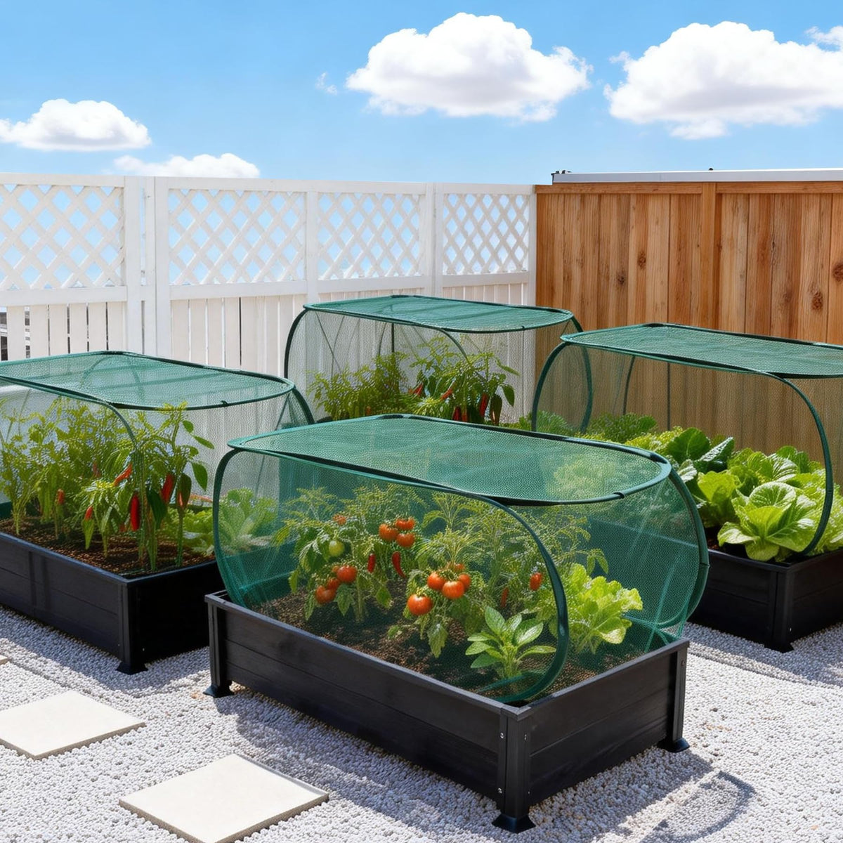 KEOHOLI pop-up cover shows quick, easy deployment over plants.