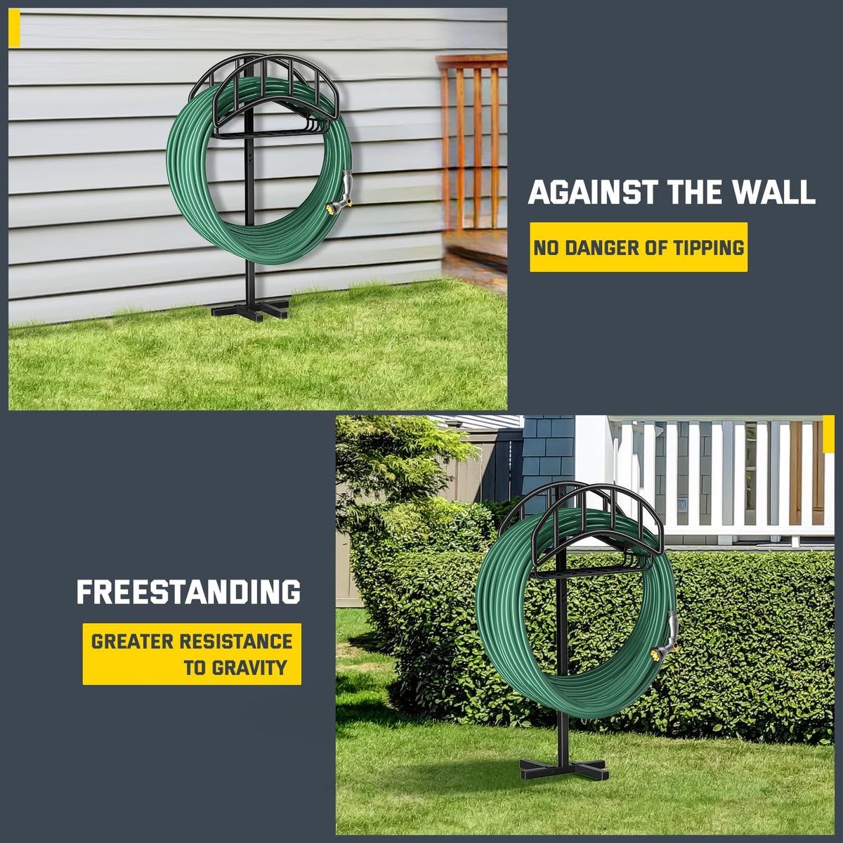 Kesfitt garden hose holder stand basket storing tools neatly beside the hose.