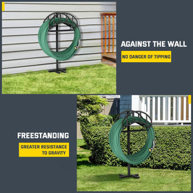 Kesfitt garden hose holder stand basket storing tools neatly beside the hose.