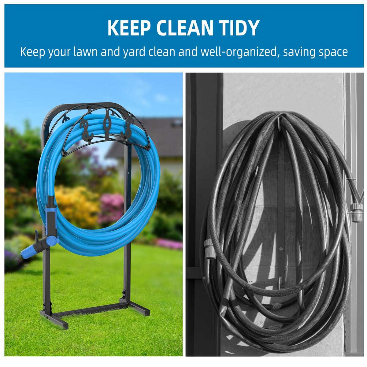 Kesito freestanding hose stand provides organized outdoor hose storage.