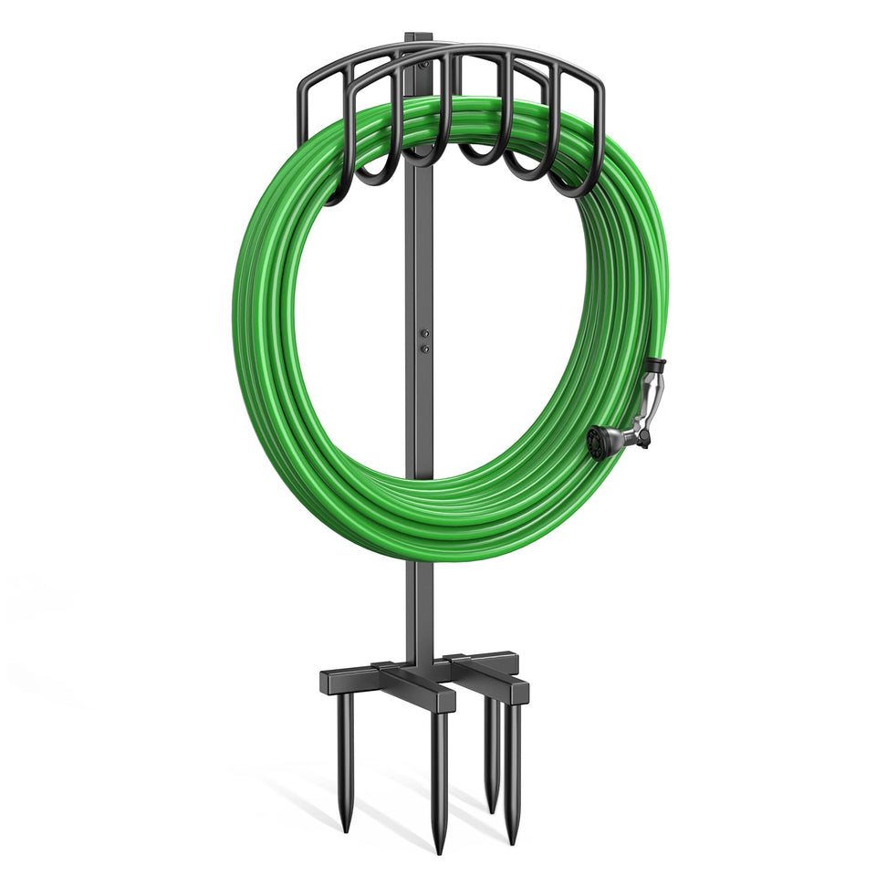 Keten garden hose holder with 4 spikes for secure outdoor organization.